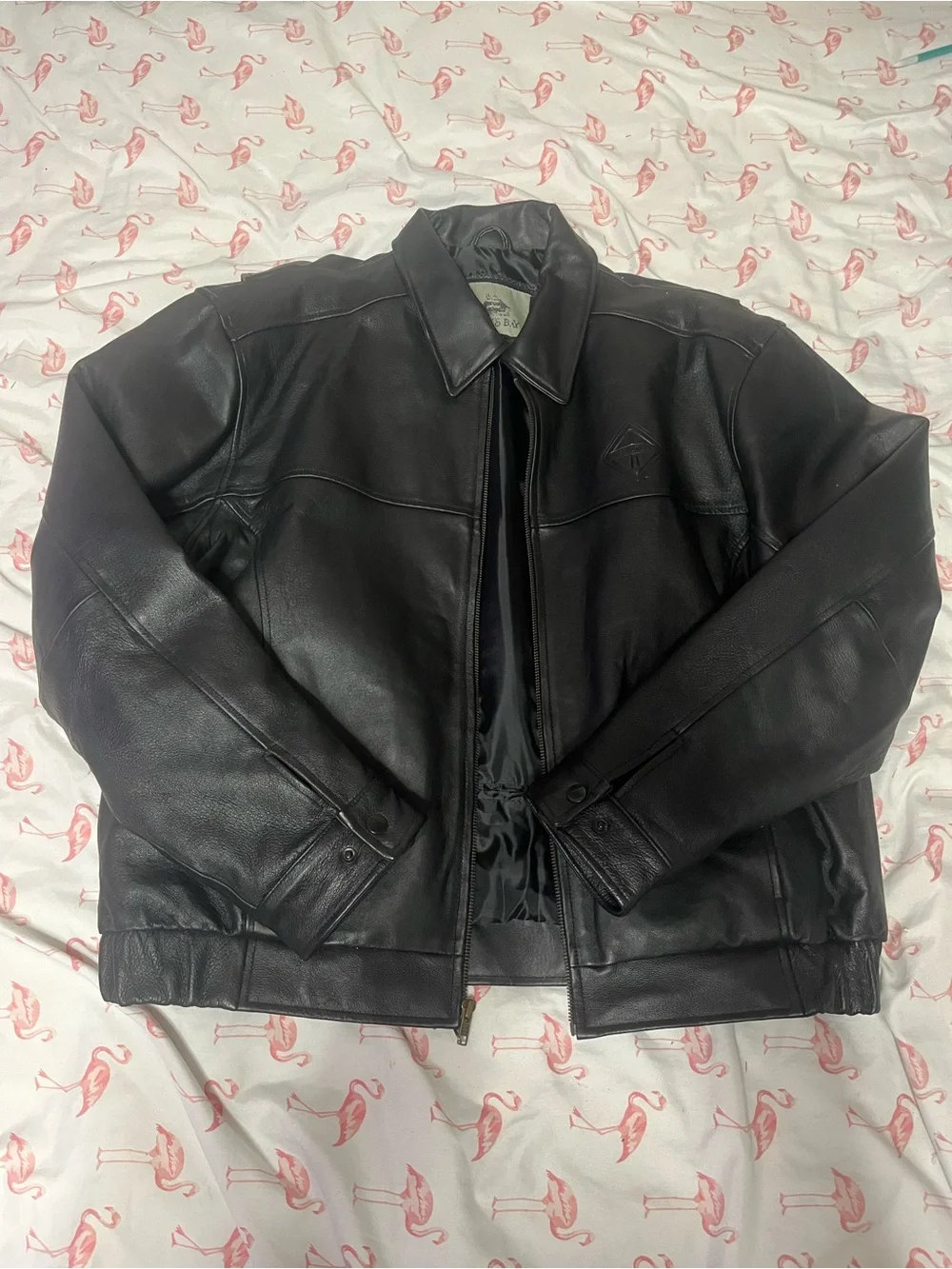 Men's Black Leather Bomber Jacket with Classic Collar